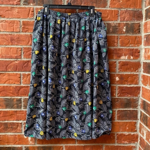 Vintage Womens 12 Black Floral Paisley Pleated Midi Prairie Long Skirt - Picture 8 of 8